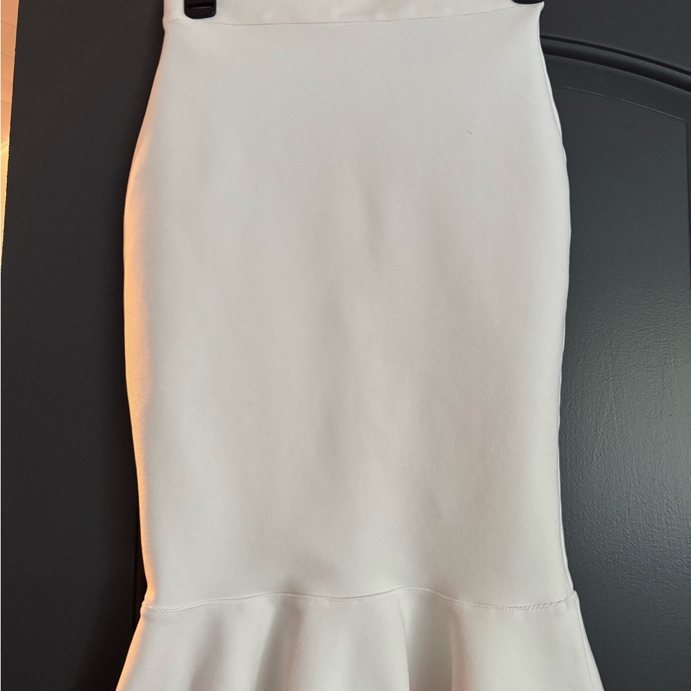 Vici Cream Midi Pencil Skirt with Ruffled Hem